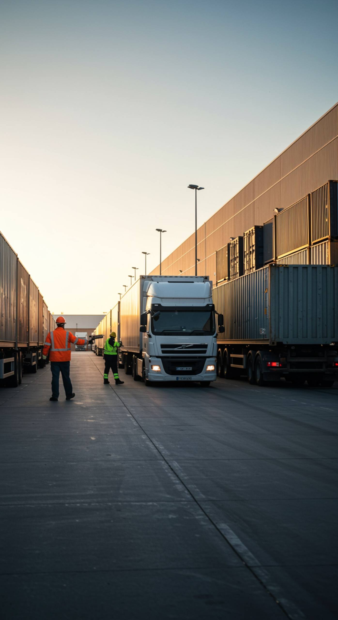 "Vista panorámica fotorealista de un concurrido patio logístico al atardecer, con camiones contenedores blancos saliendo de un gran almacén, personal en equipo de seguridad dirigiendo el tráfico, reflejando servicios de transporte y almacenamiento dinámicos y resolutivos."